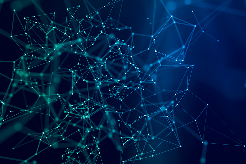 Abstract blue polygonal background with connecting lines and dots for technology.