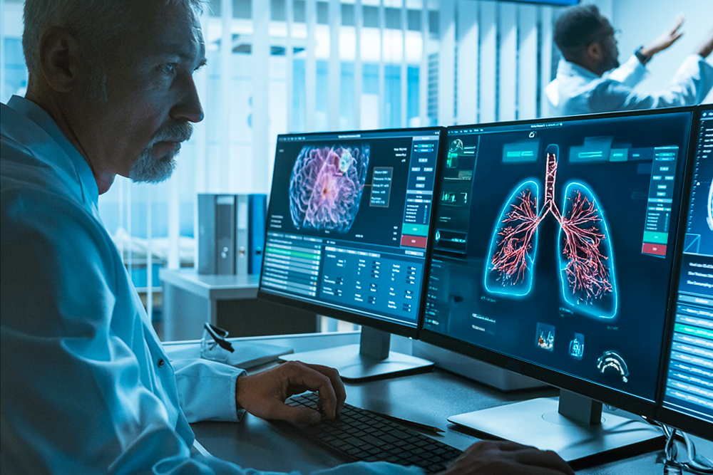 Doctor analyzing a lung image generated by AI on a computer to detect diseases.