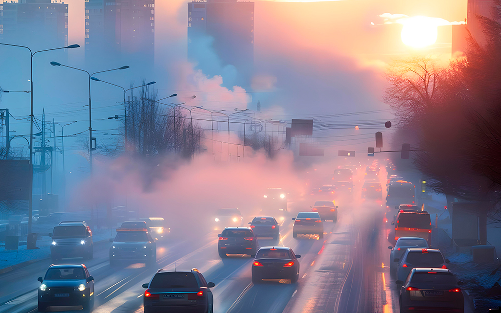 City covered in smog from vehicle emissions due to an inefficient transportation system, representing air pollution, urban development, sustainable transport, and public health