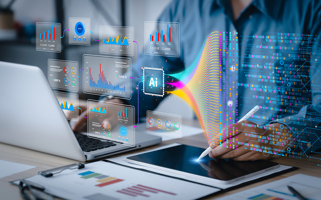 Digital analytics dashboards connected to an artificial intelligence chip processing data in real time.