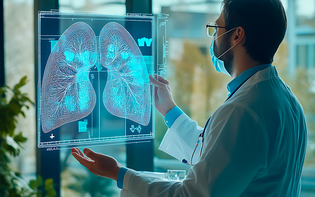 Man interacting with a hologram of AI-generated lungs in a high-tech laboratory.