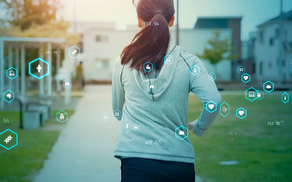 Woman running outdoors with digital health icons and data overlay