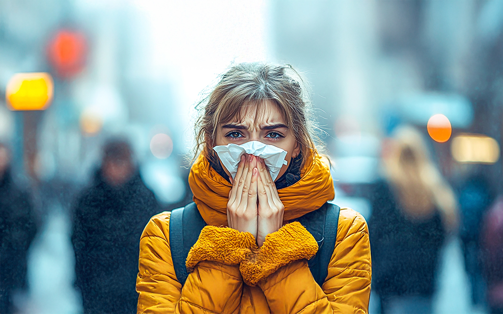 Young woman sneezing into a tissue while walking in the city